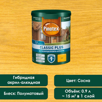Пропитка-антисептик Pinotex Classic Plus 3в1 сосна 0.9 л Пропитка-антисептик Pinotex Classic Plus 3в1 сосна 0.9 л