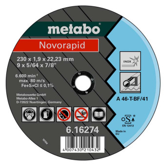 Круг отрезной по нержавеющей стали Metabo Nоvorapid 230x1.9x22.23 мм (арт. 616274000)