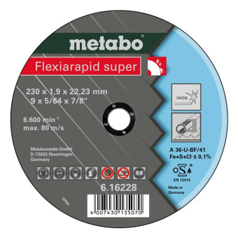 Круг отрезной по нержавеющей стали Metabo Flexiarapid Super 230x1.9x22.23 мм (арт. 616228000)