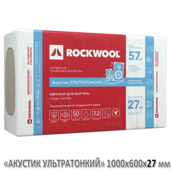 Утеплитель ROCKWOOL Акустик Ультратонкий 60 кг/м3, 1000 х 600 х 27 мм, 12 шт/уп