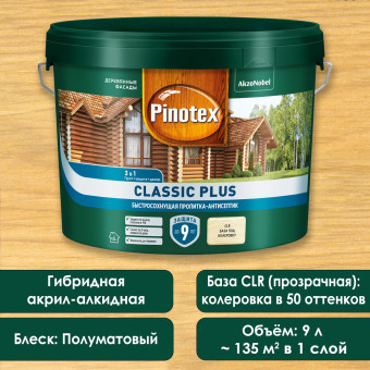 Пропитка-антисептик Pinotex Classic Plus 3в1 база CLR 9 л Пропитка-антисептик Pinotex Classic Plus 3в1 база CLR 9 л