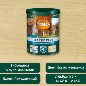 Пропитка-антисептик Pinotex Classic Plus 3в1 ель натуральная 0.9 л Пропитка-антисептик Pinotex Classic Plus 3в1 ель натуральная 0.9 л