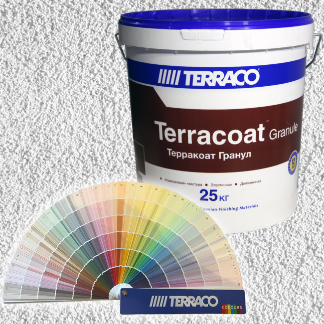 Фасадная акриловая штукатурка Terraco Terracoat Granule "шуба" (2,0 мм) 25 кг фото фактуры и упаковки